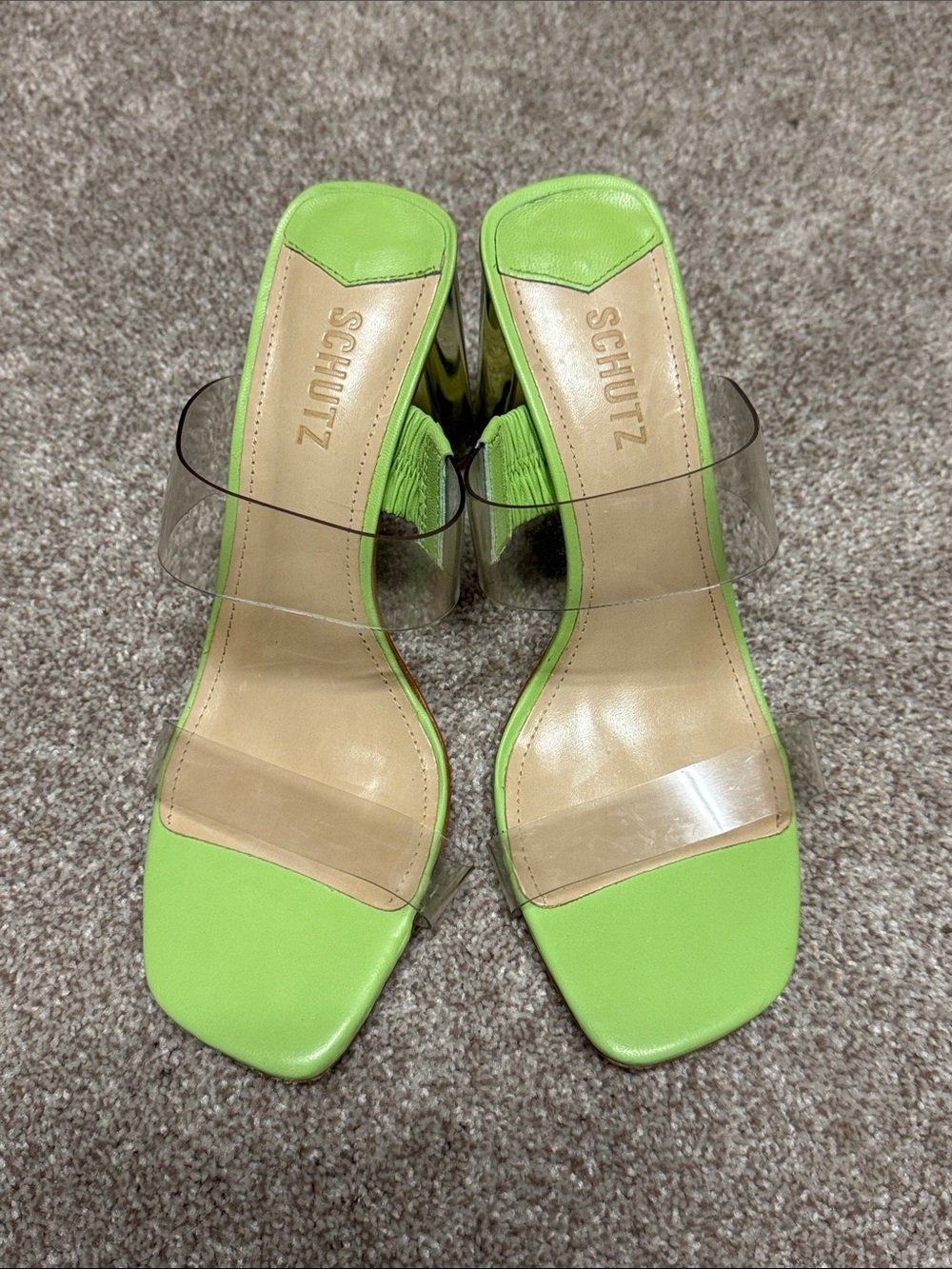 SCHUTZ Lime Green Clear Strap Block Heel Mules